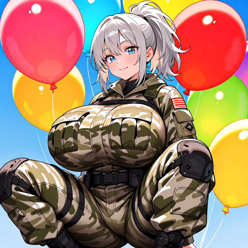 いっぱい色とりどりの風船を持つ銀髪ポニーテールの迷彩服着た美女