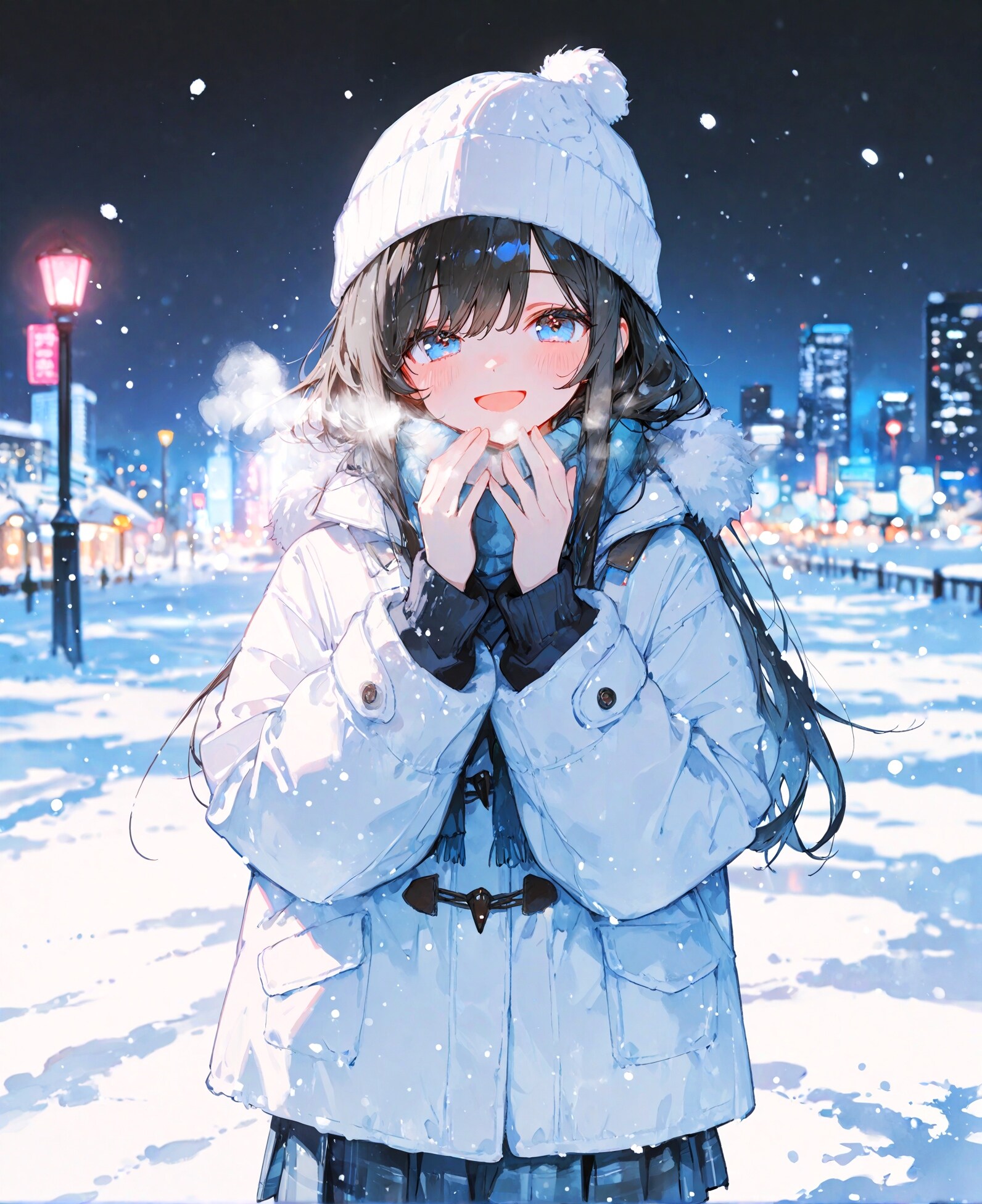 冬の夜景と少女