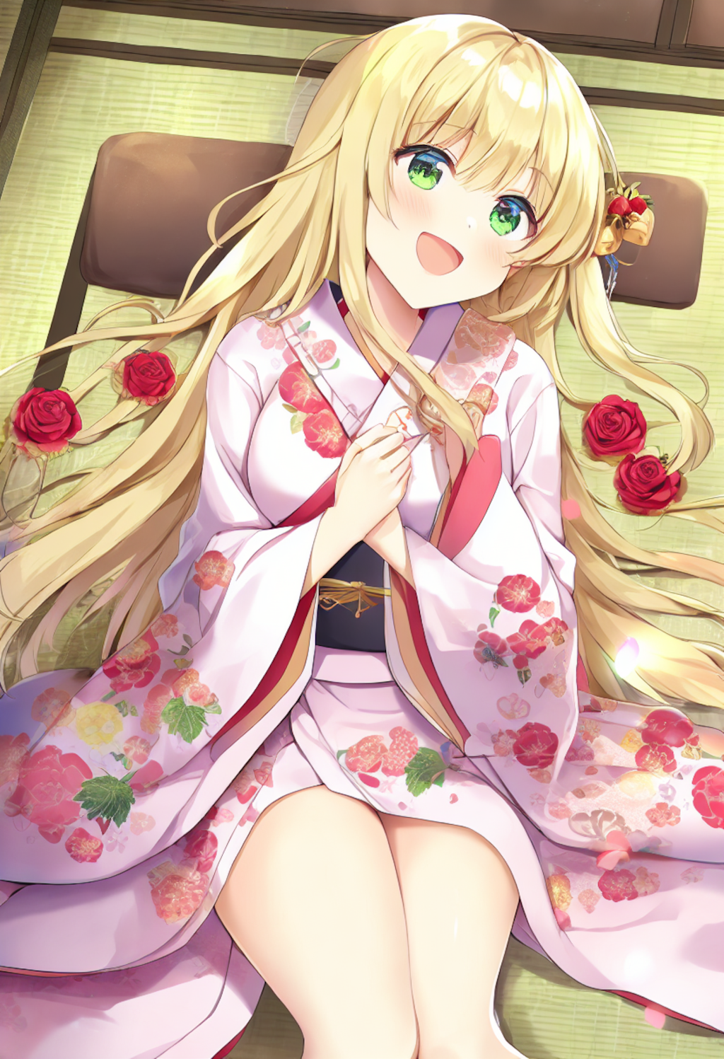 A girl in a soft frilled kimono adorned with strawberry and rose patterns