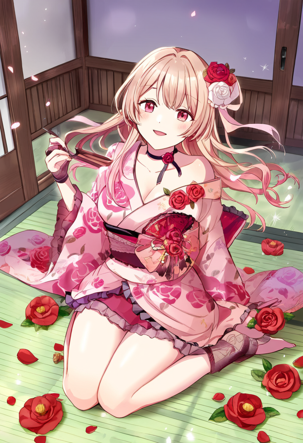 A girl in a soft frilled kimono adorned with strawberry and rose patterns