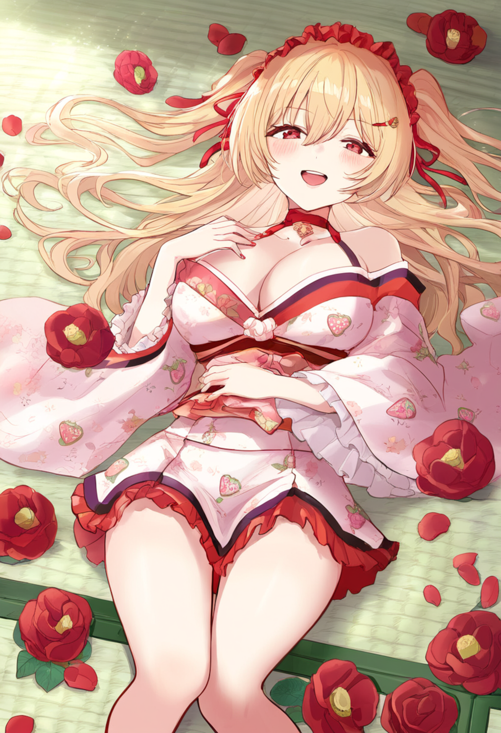 A girl in a soft frilled kimono adorned with strawberry and rose patterns
