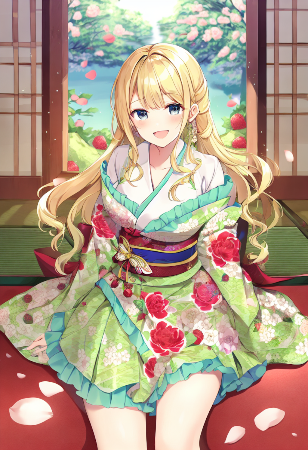 A girl in a soft frilled kimono adorned with strawberry and rose patterns