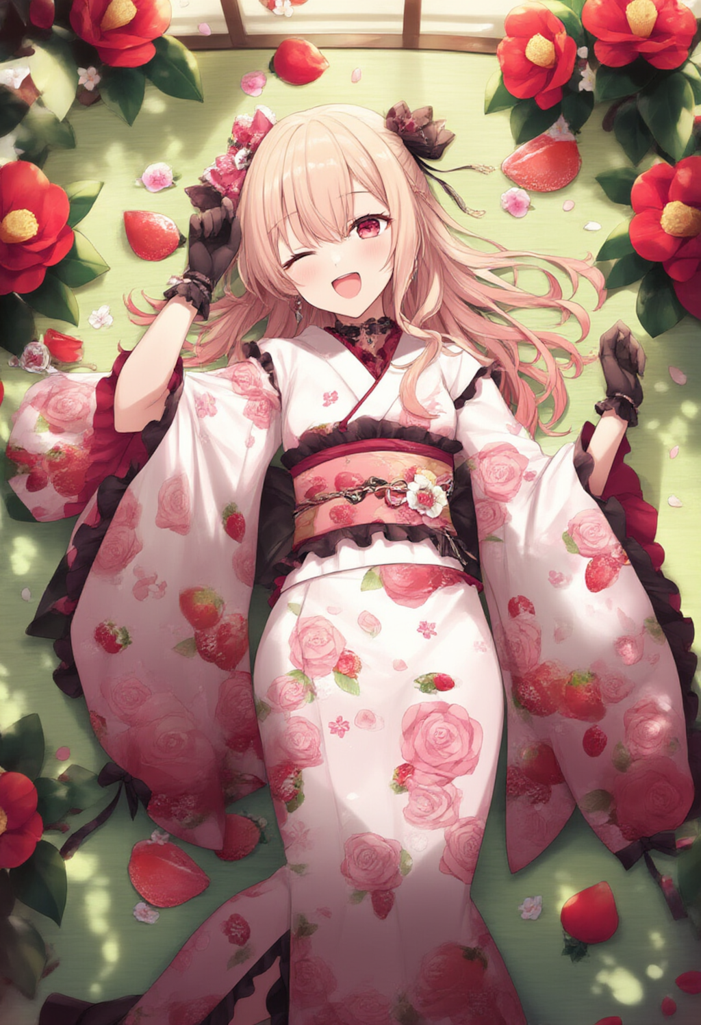 A girl in a soft frilled kimono adorned with strawberry and rose patterns