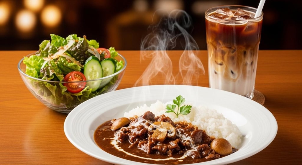 摩訶不思議食堂のハヤシライスとサラダのセット