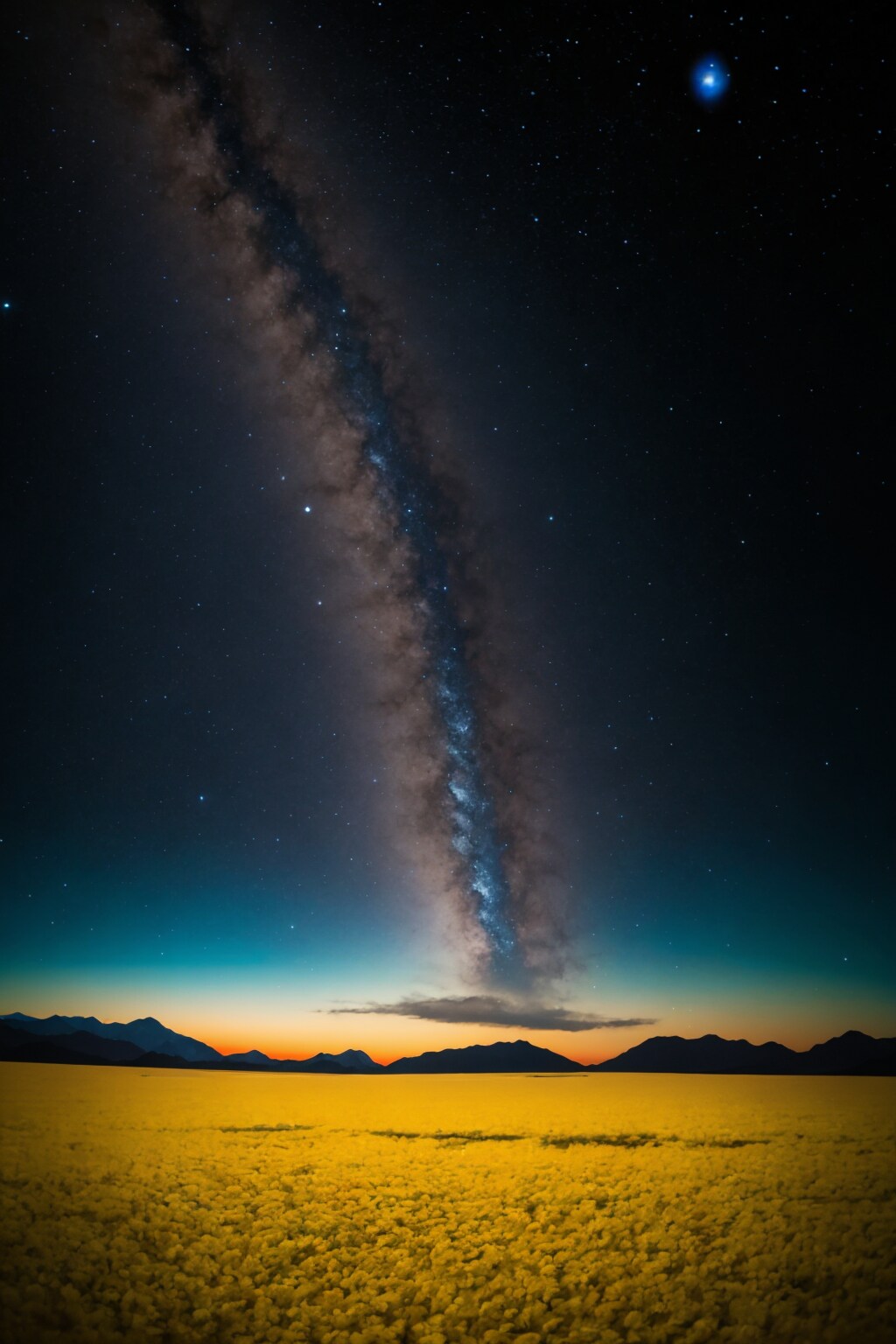 夜空と黄色い花畑