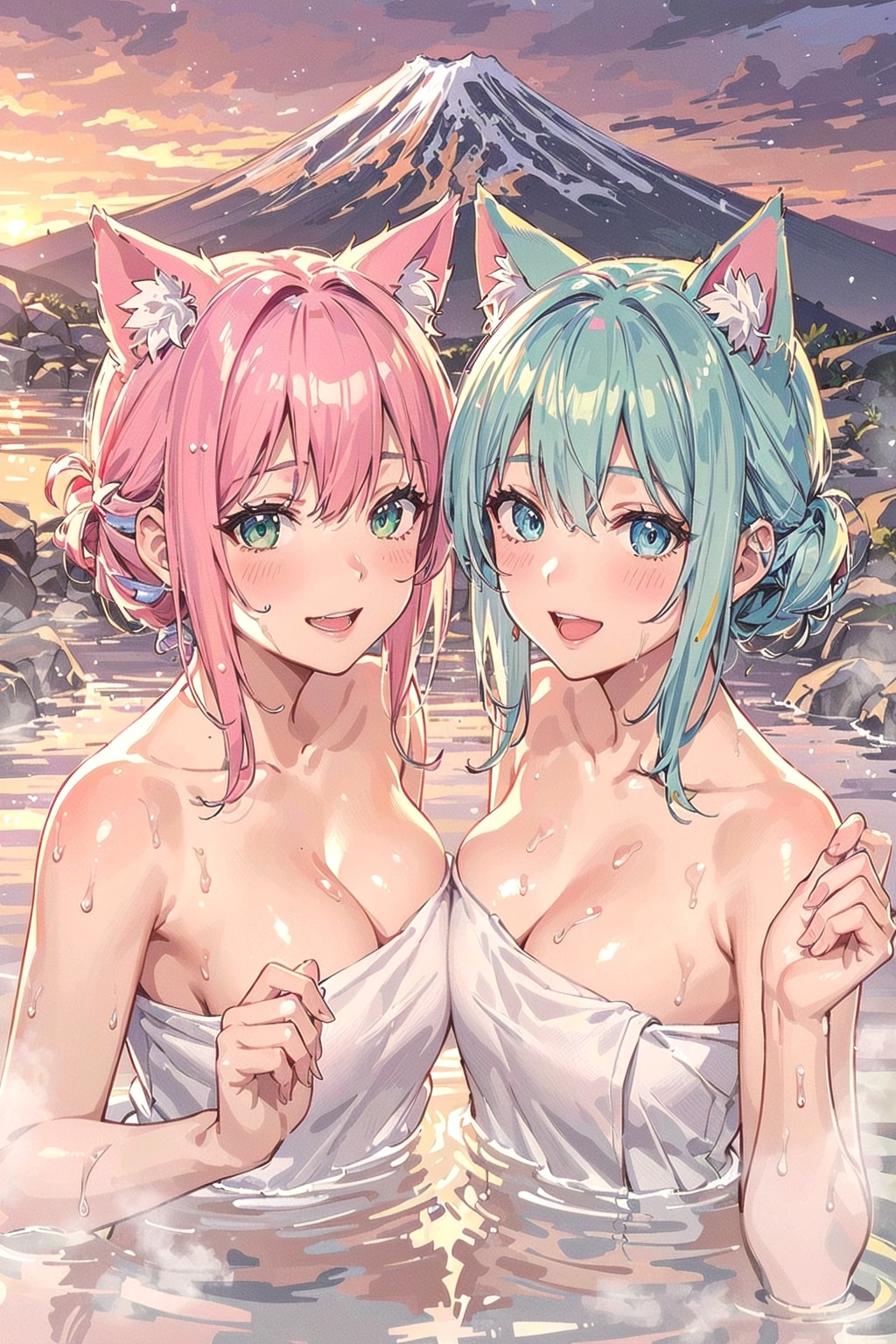 美人猫耳姉妹と温泉🐱🐱♨️
