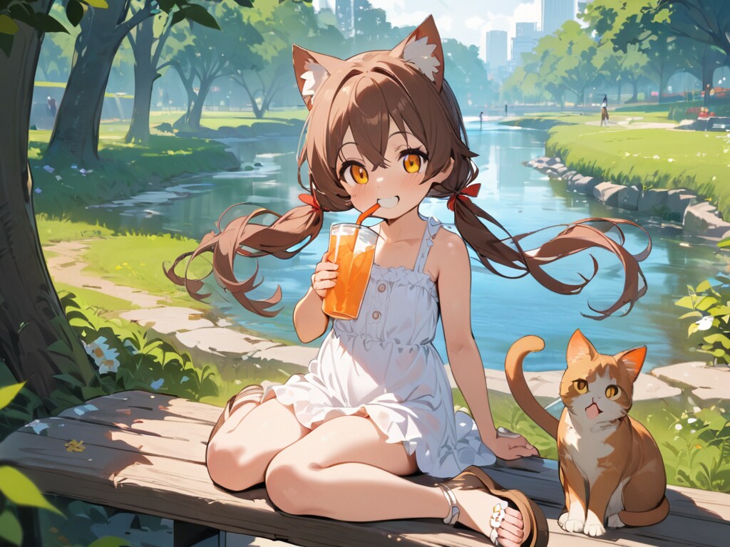 ジュースで一息する猫娘
