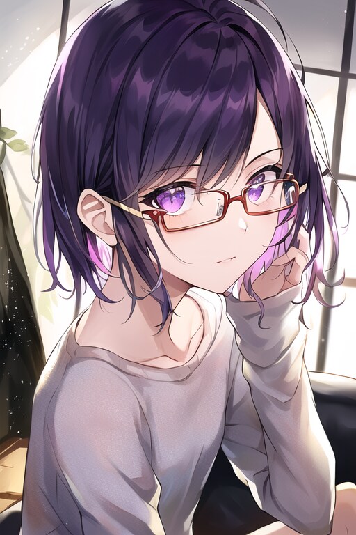 紫くせ毛、紫眼、赤眼鏡、白セーター