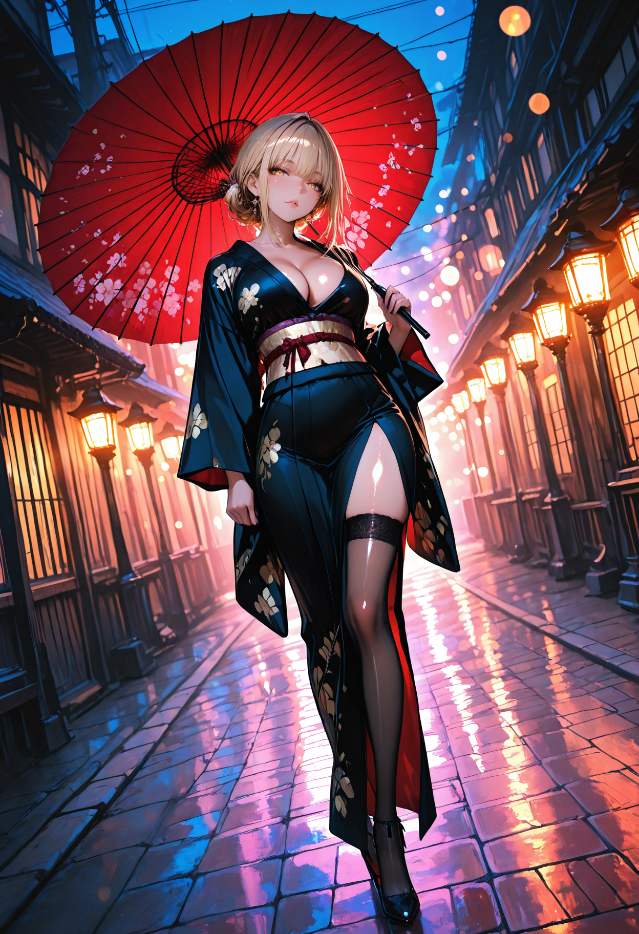 夜の街に佇む金髪和服美女✨