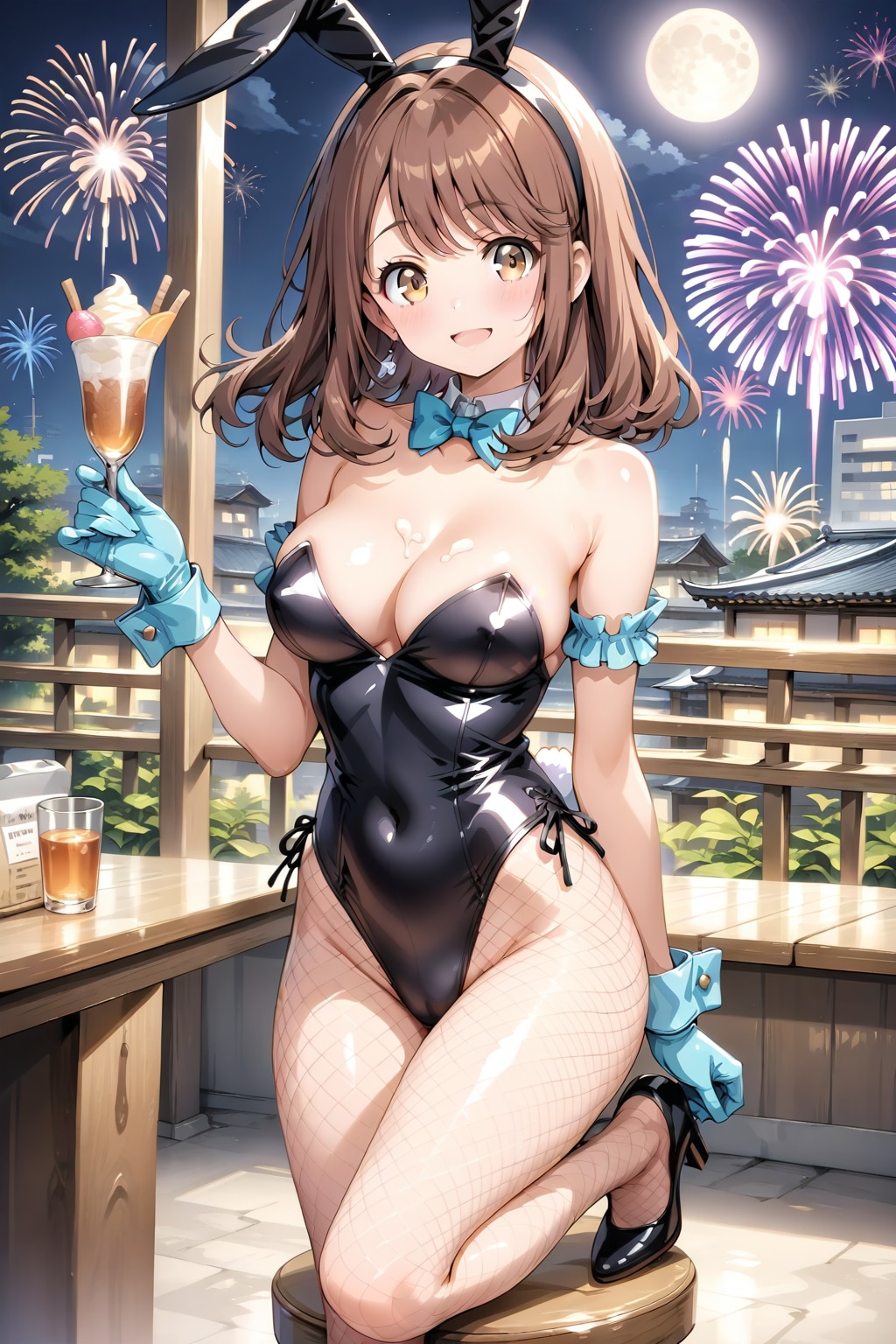バニーガール衣装の心実と花火