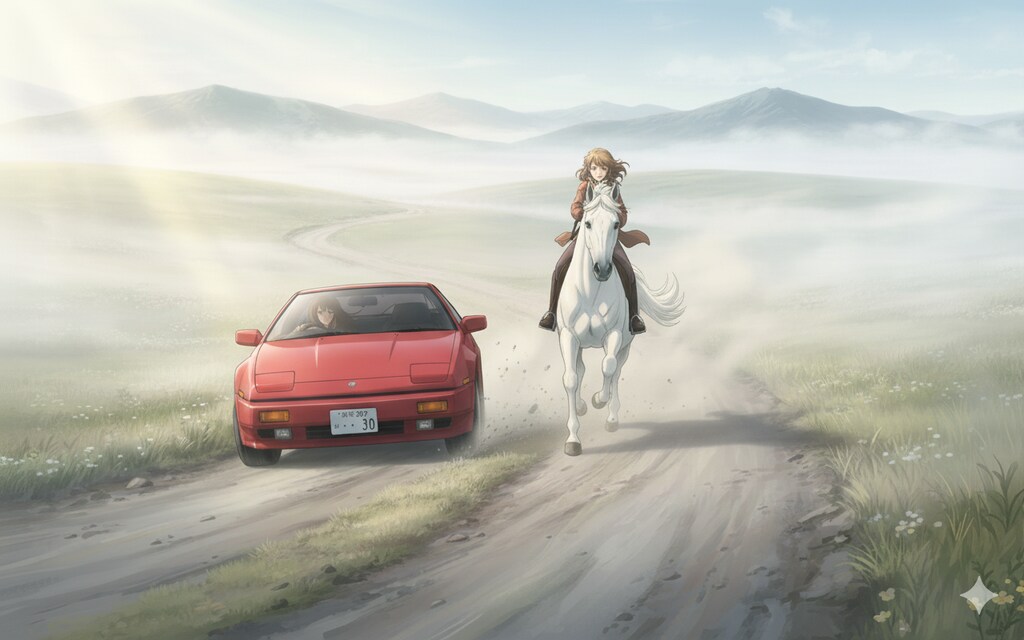 スポーツカー vs 白馬！