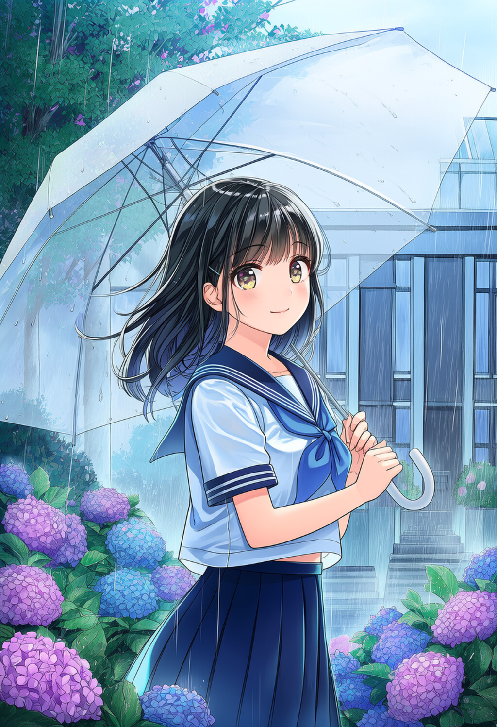 紫陽花と傘とセーラー服