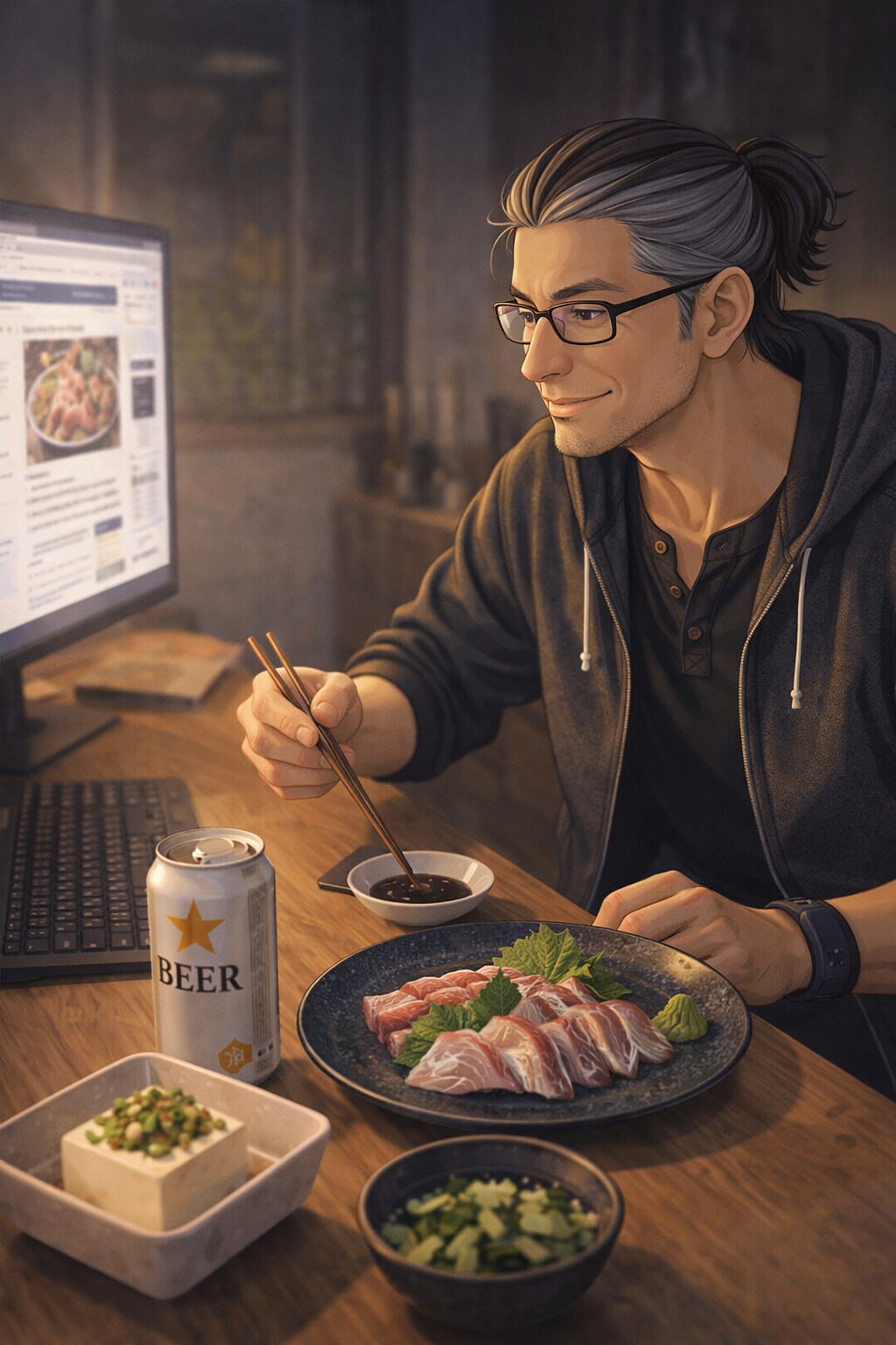 新鮮な刺身を味わうオジサン