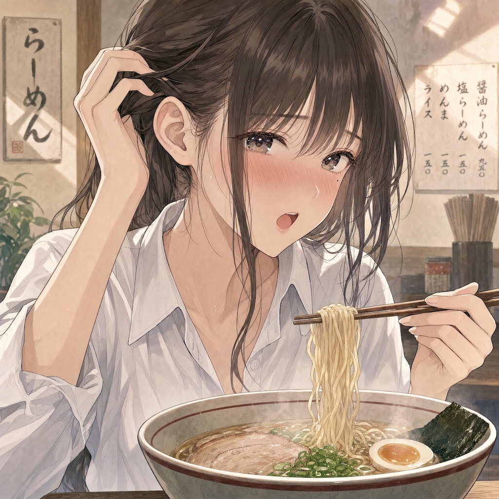 髪を耳にかけてラーメン