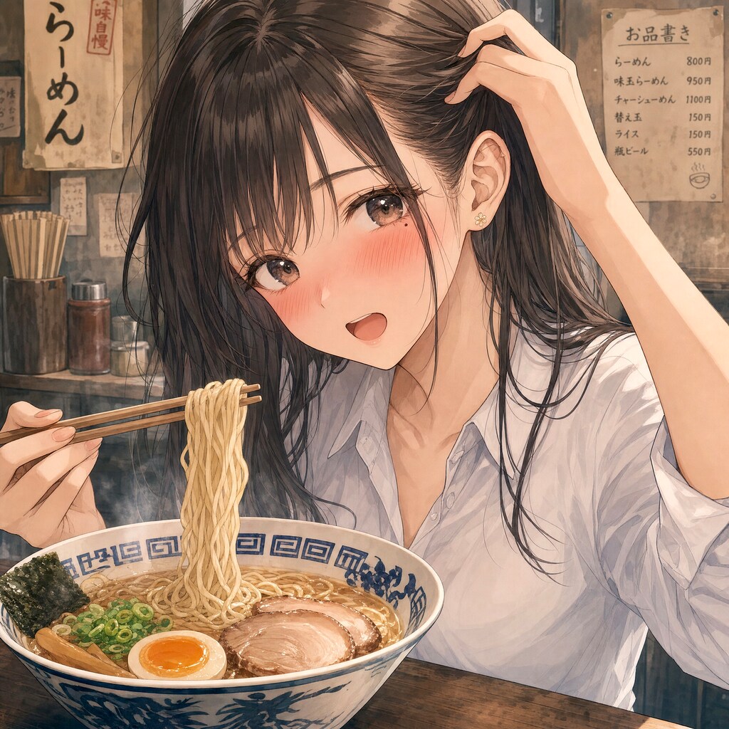 髪を耳にかけてラーメン