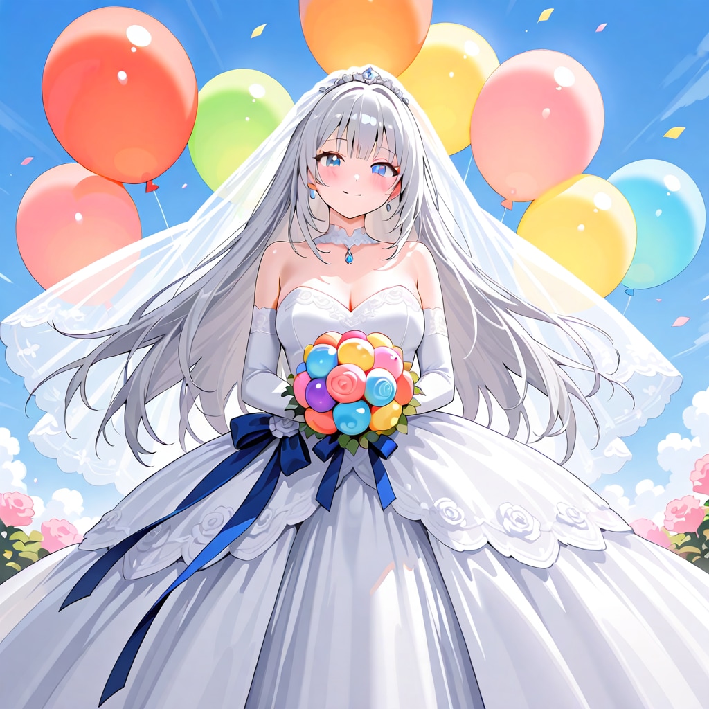 いっぱい色とりどりの風船を持つ銀髪ロングのウェディングドレス着た美女