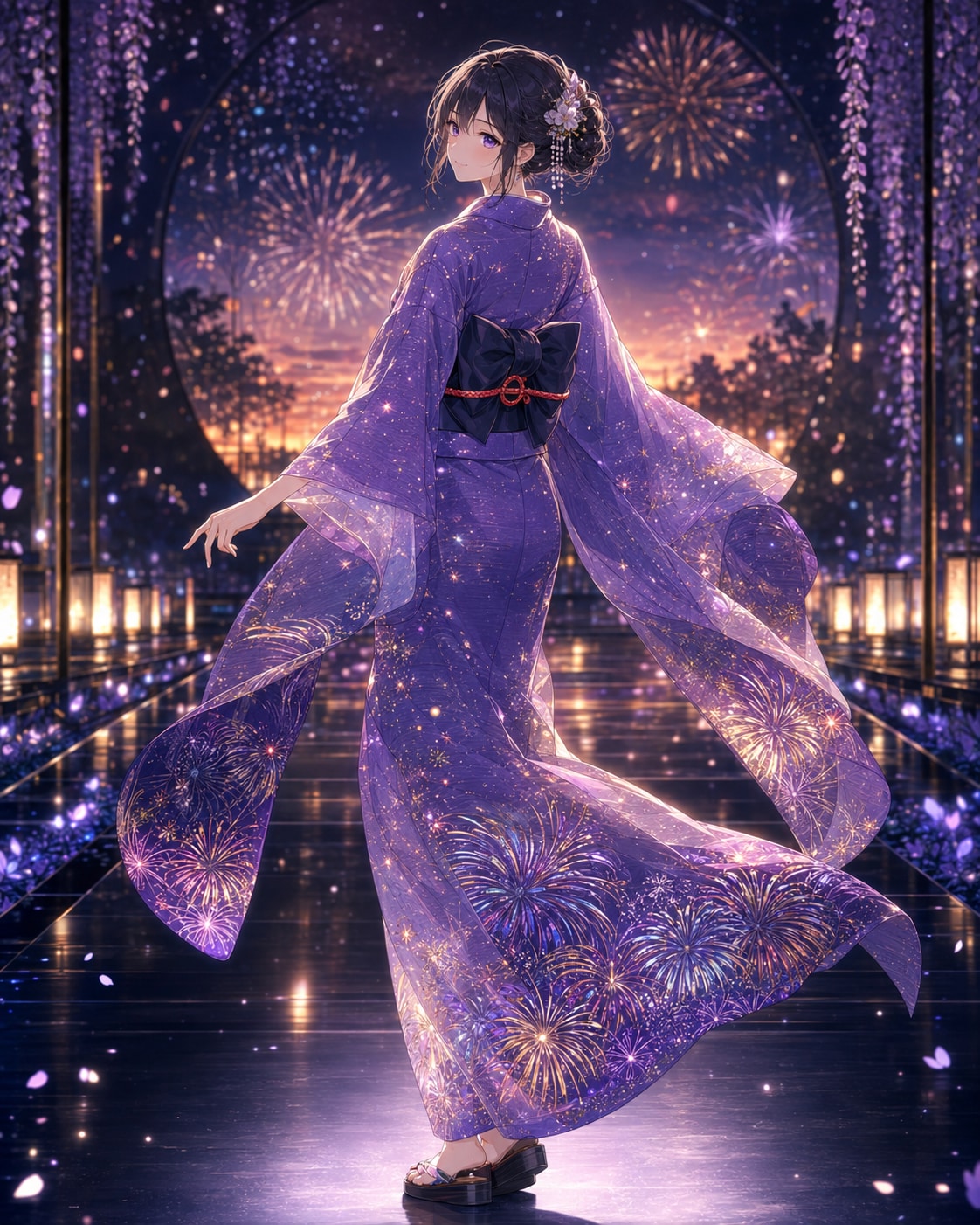 夕暮れ花火の絽の着物