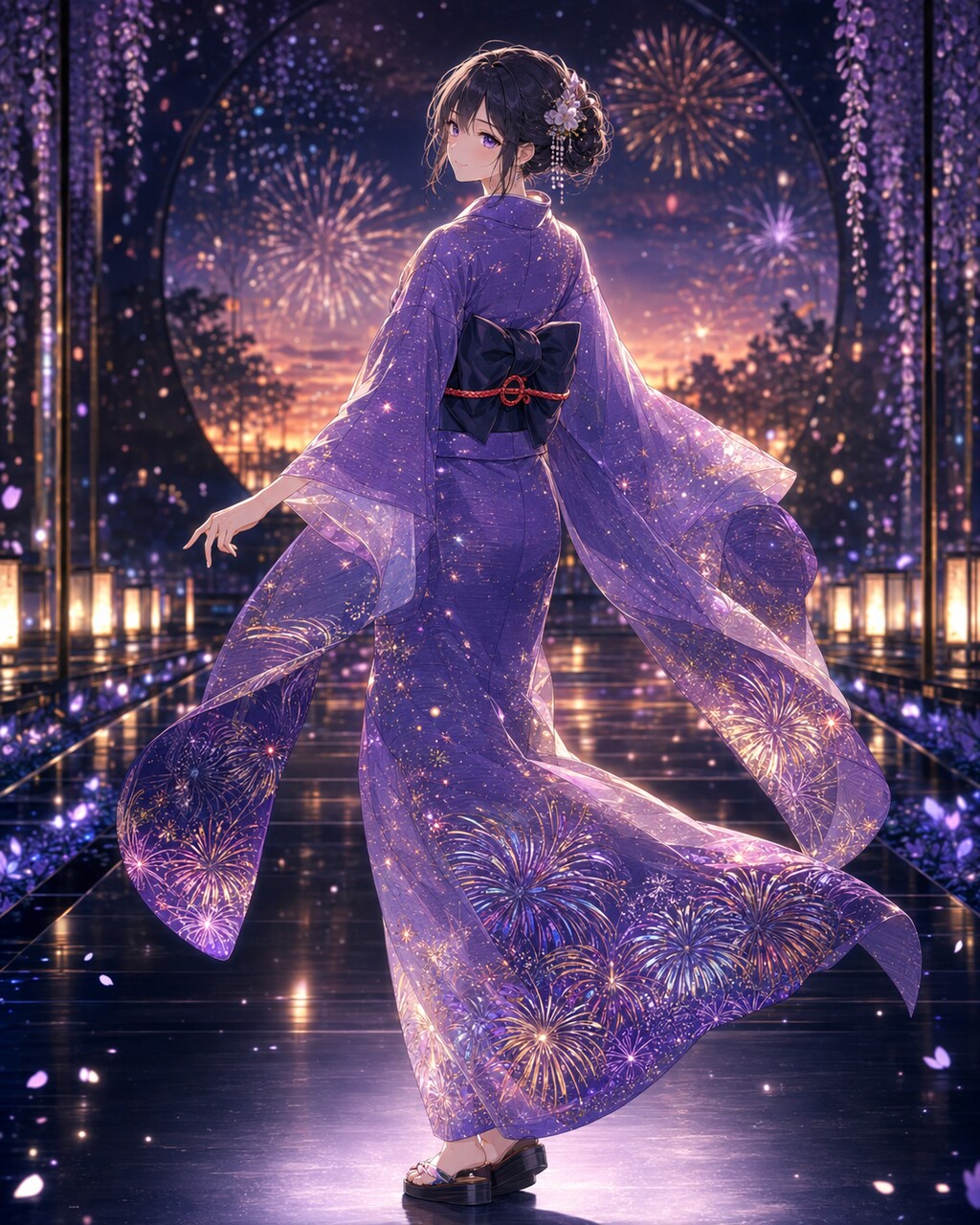 夕暮れ花火の絽の着物