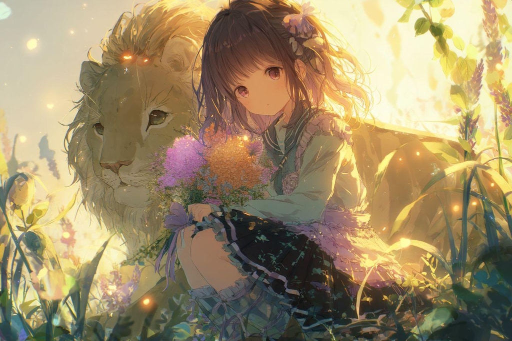 花と女の子とネコ科の友だち