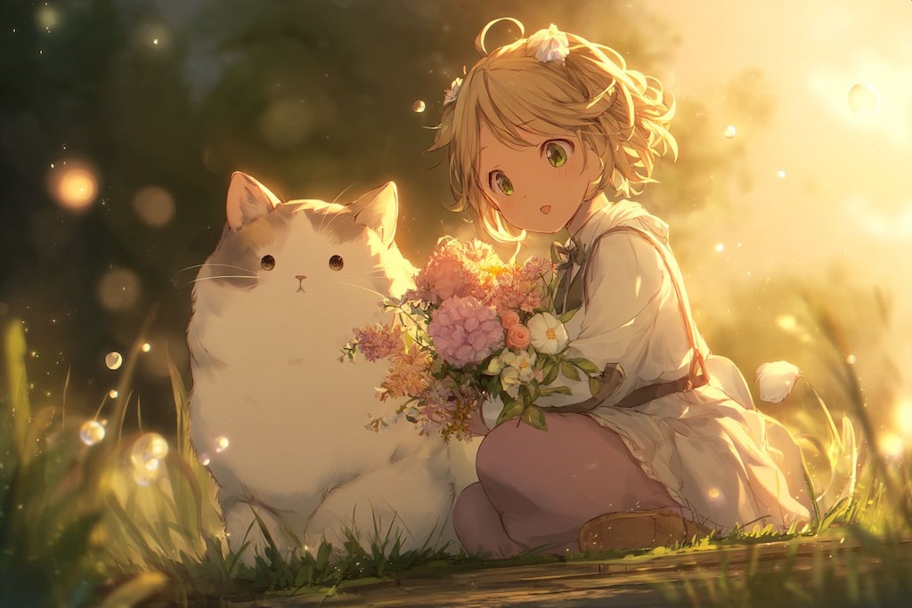 花と女の子とネコ科の友だち