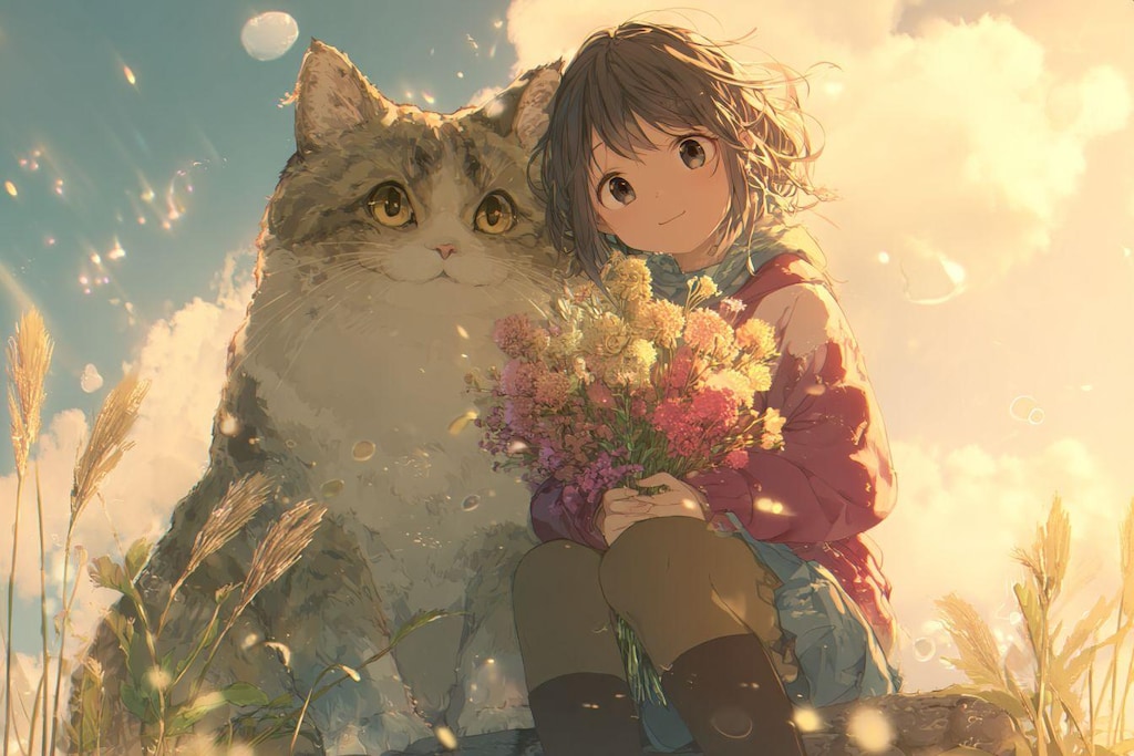 花と女の子とネコ科の友だち