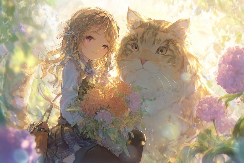 花と女の子とネコ科の友だち