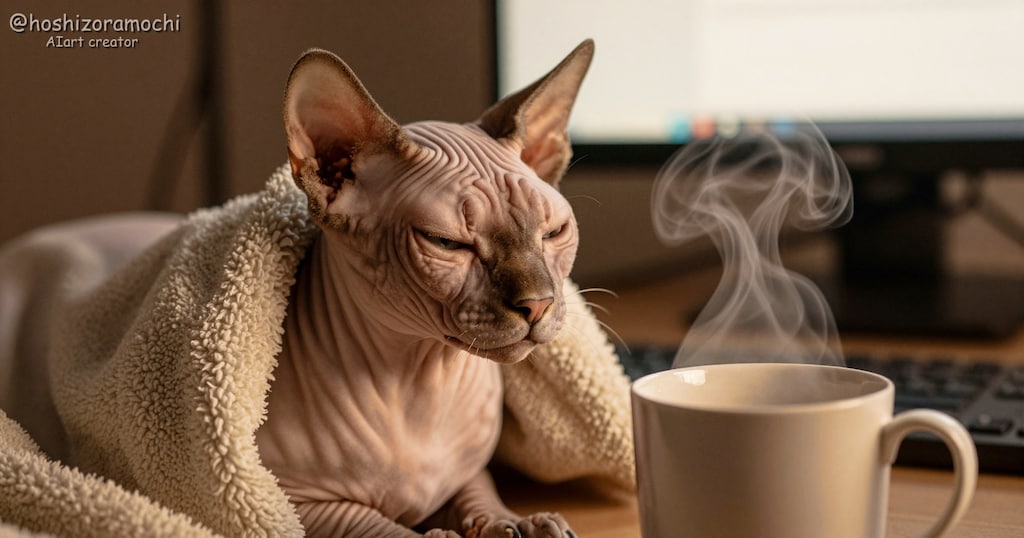 温かいコーヒーの湯気と毛布にうっとり☕️ スフィンクス猫の至福のモーニングルーティン
