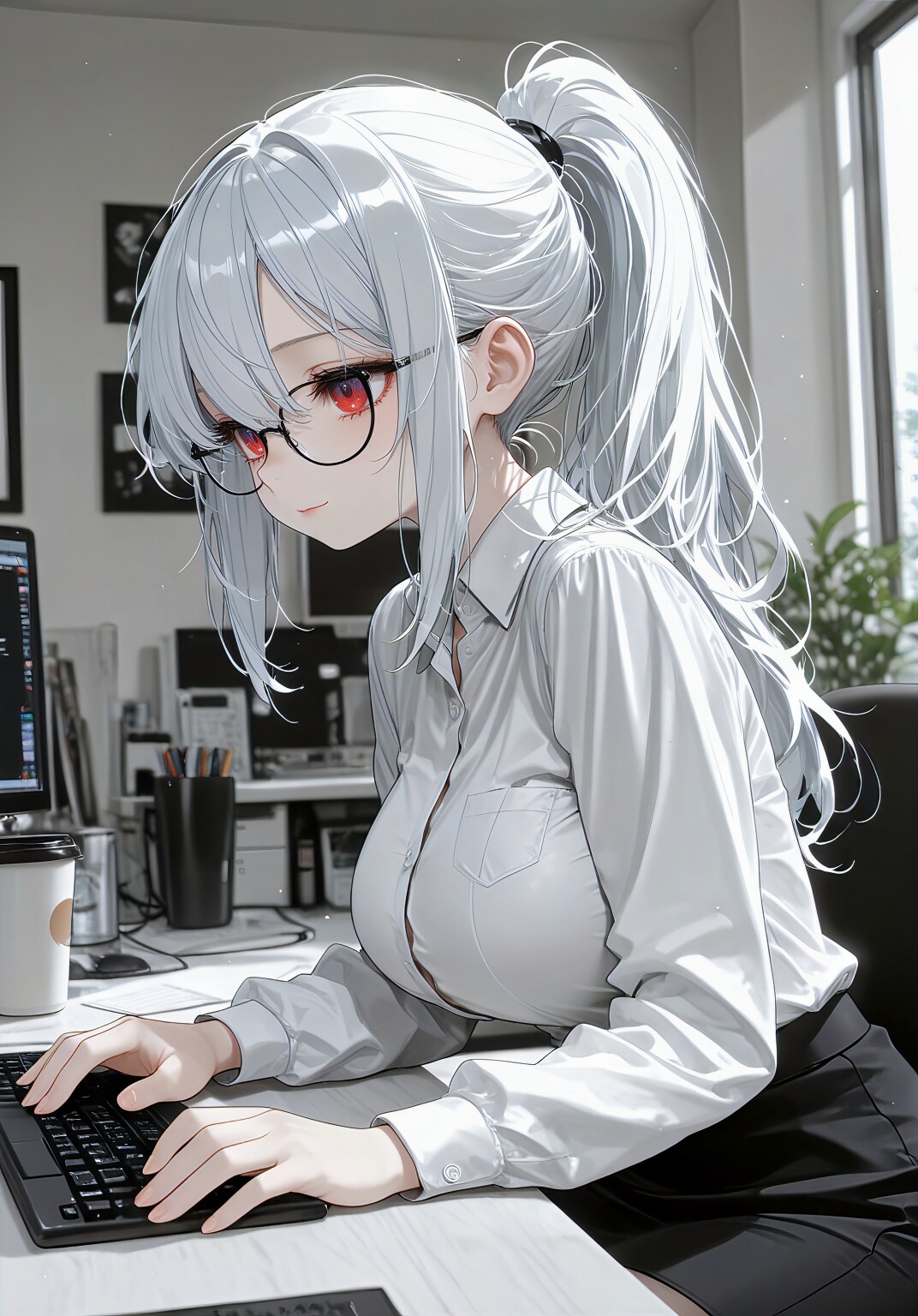 銀髪のデスクワーカー | の人気AIイラスト・グラビア