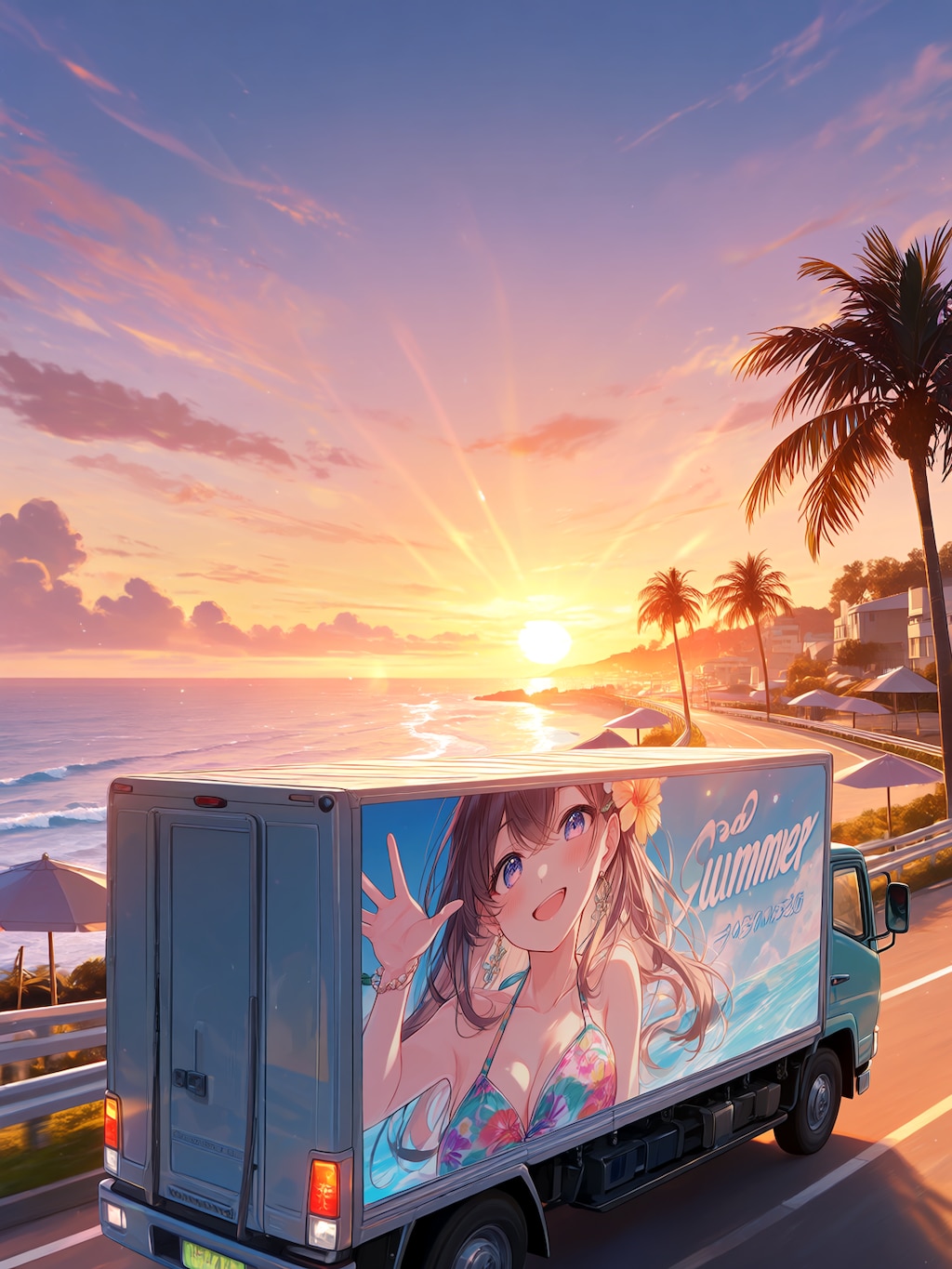 夕日の海岸を走る