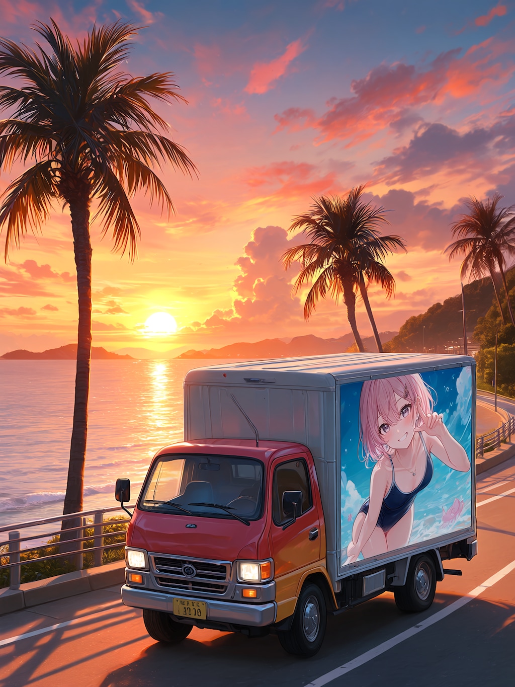 夕日の海岸を走る