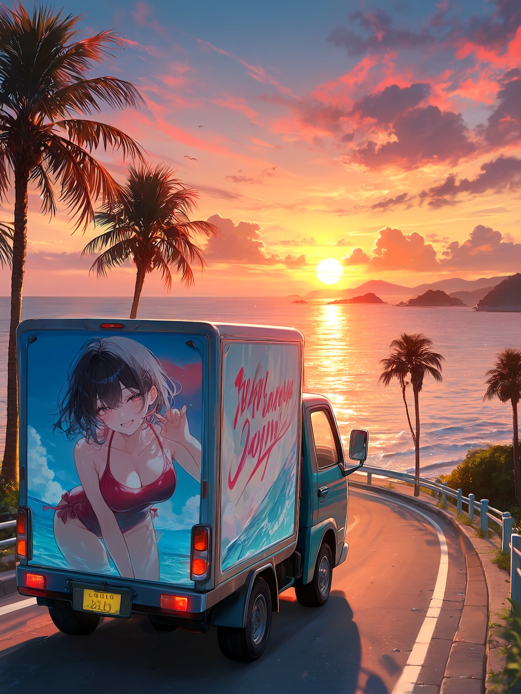 夕日の海岸を走る