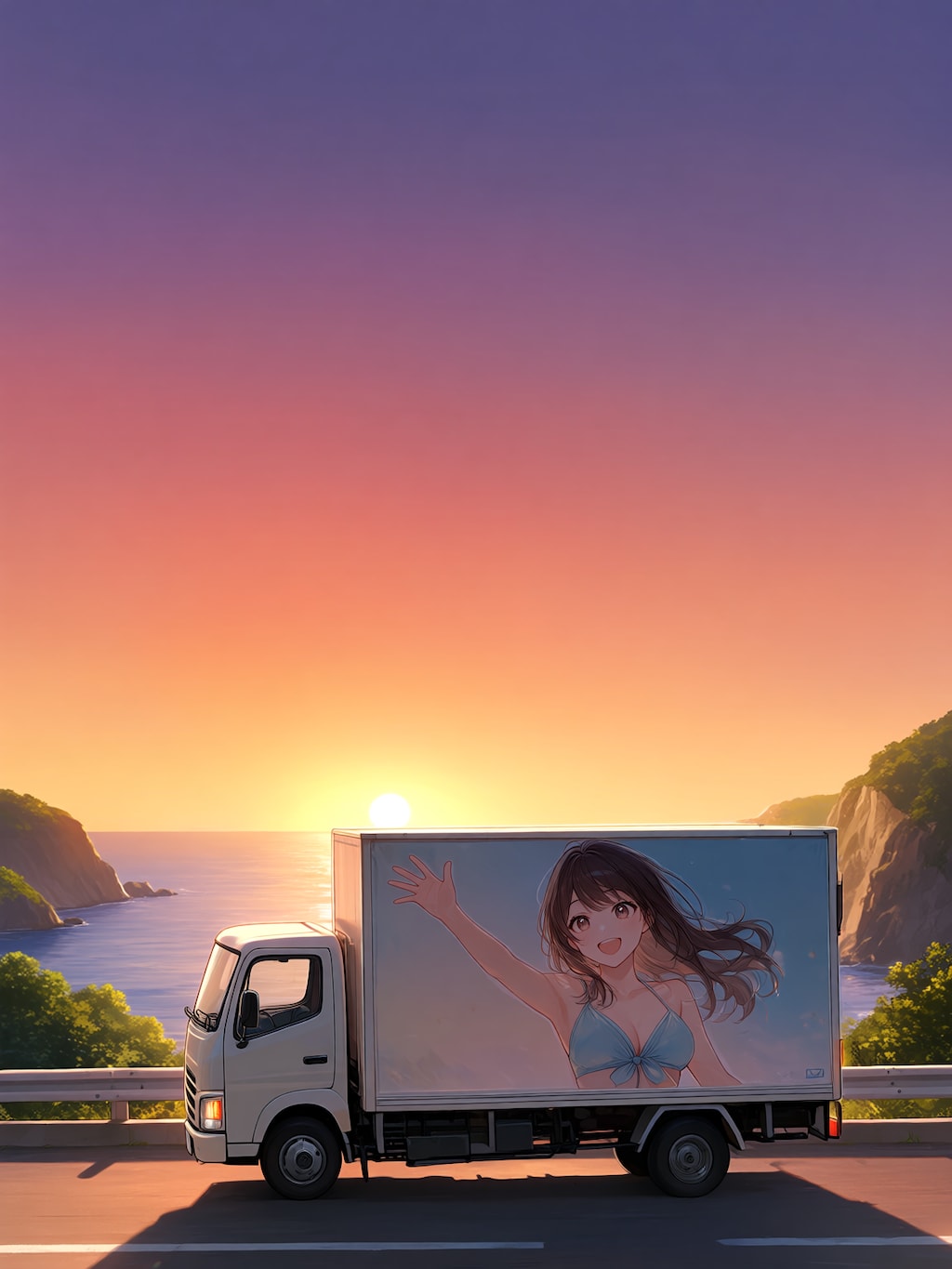 夕日の海岸を走る