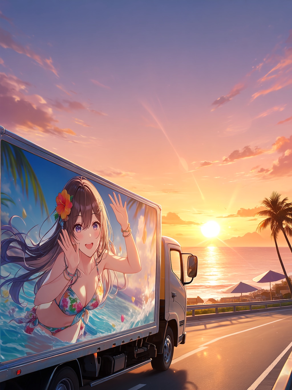 夕日の海岸を走る