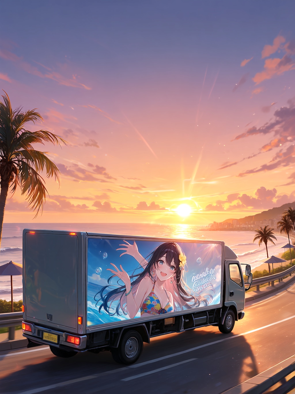 夕日の海岸を走る