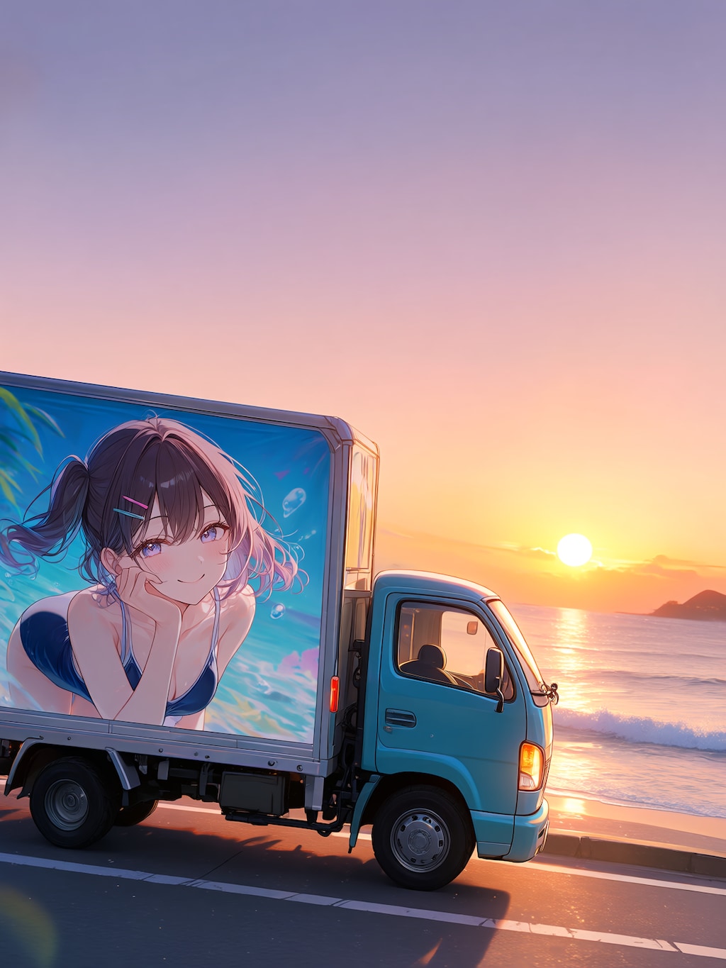 夕日の海岸を走る