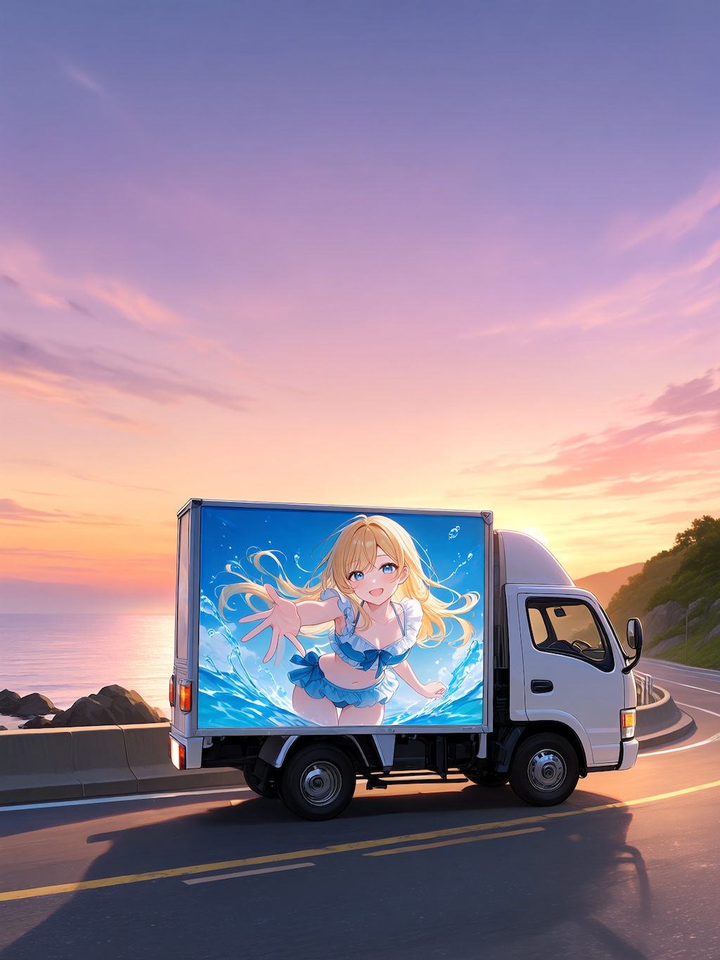 夕日の海岸を走る