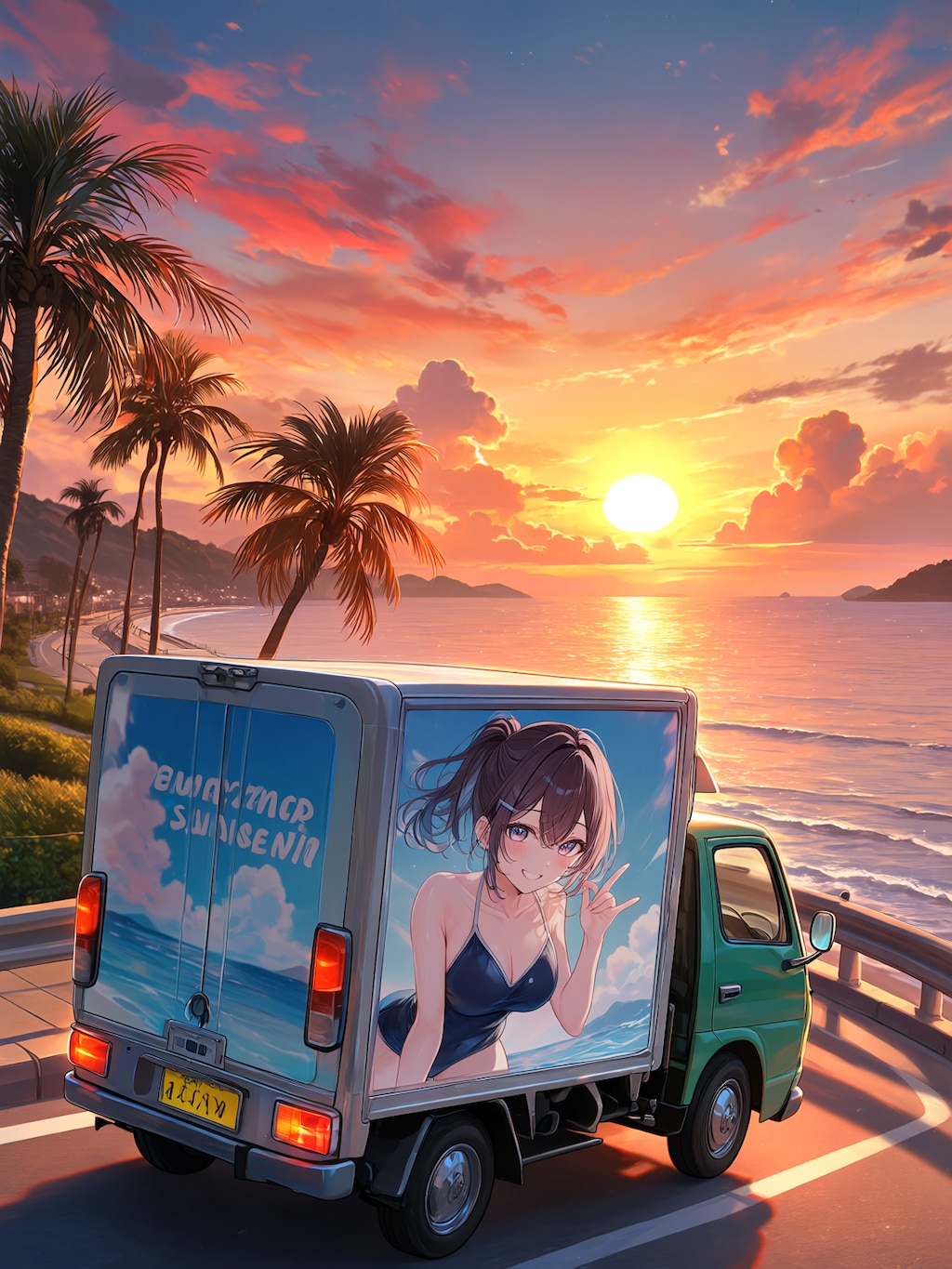 夕日の海岸を走る