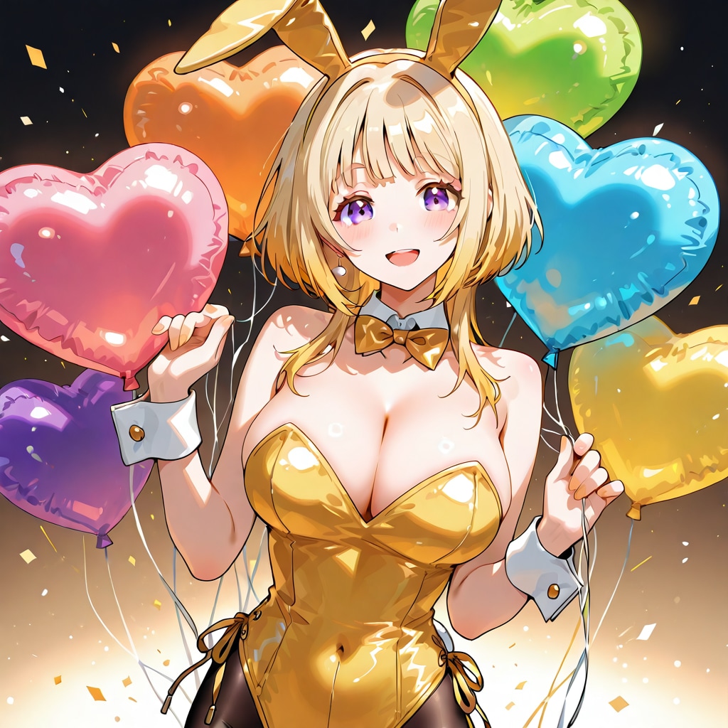 いっぱい色とりどりの風船を持つブロンドロングのバニーガール衣装着た美女