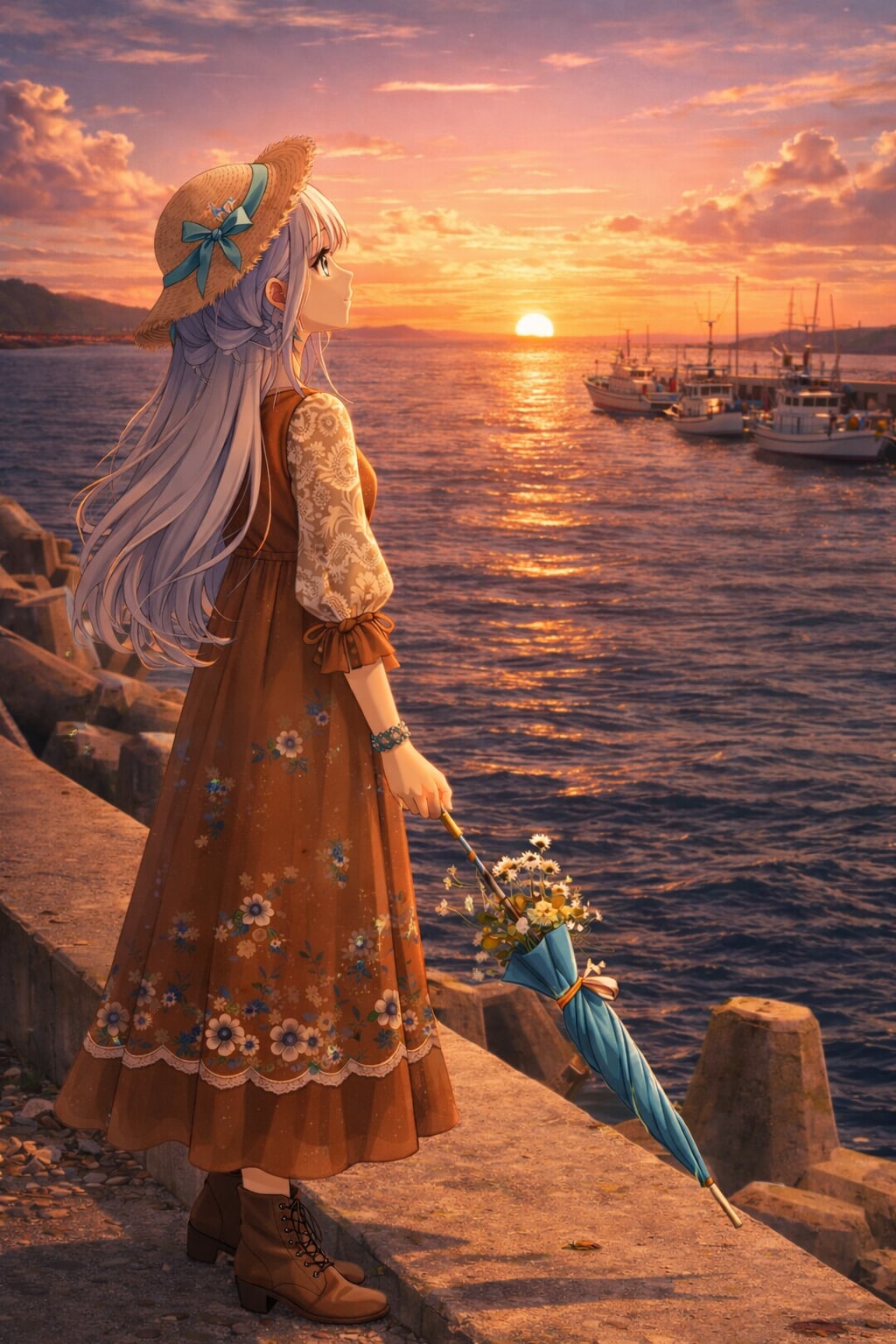 日没の防波堤で、海を見つめる午後 | の人気AIイラスト・グラビア