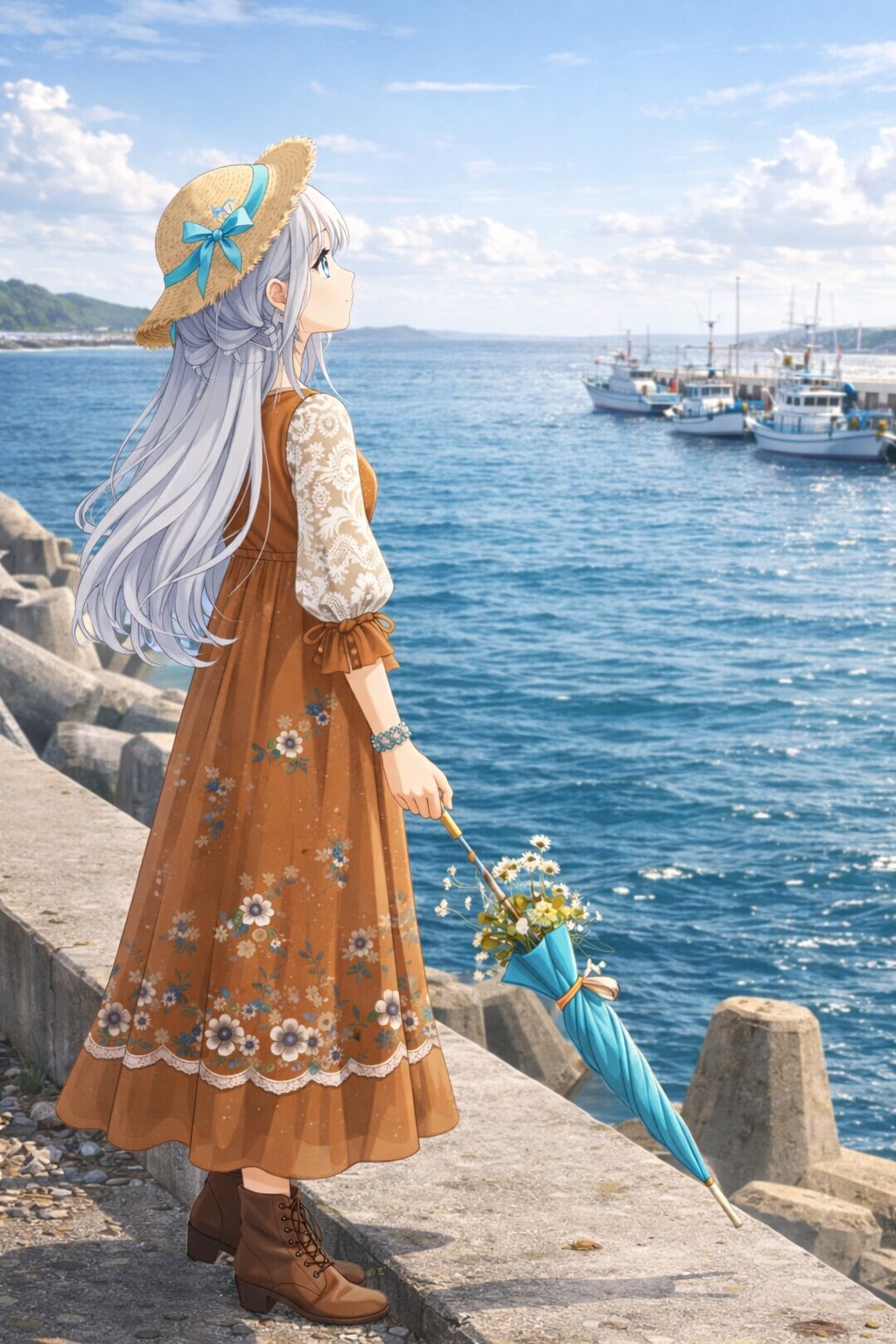 日没の防波堤で、海を見つめる午後