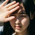太陽の光を手で遮る女性：まぶしい… 3枚目