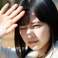 太陽の光を手で遮る女性：まぶしい… 10枚目