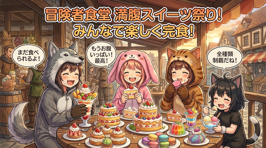 【All0415b】無事に猫を保護出来たので、今日はみんなでスイーツを食べに行くことにした（モデル: NanoBanana2）