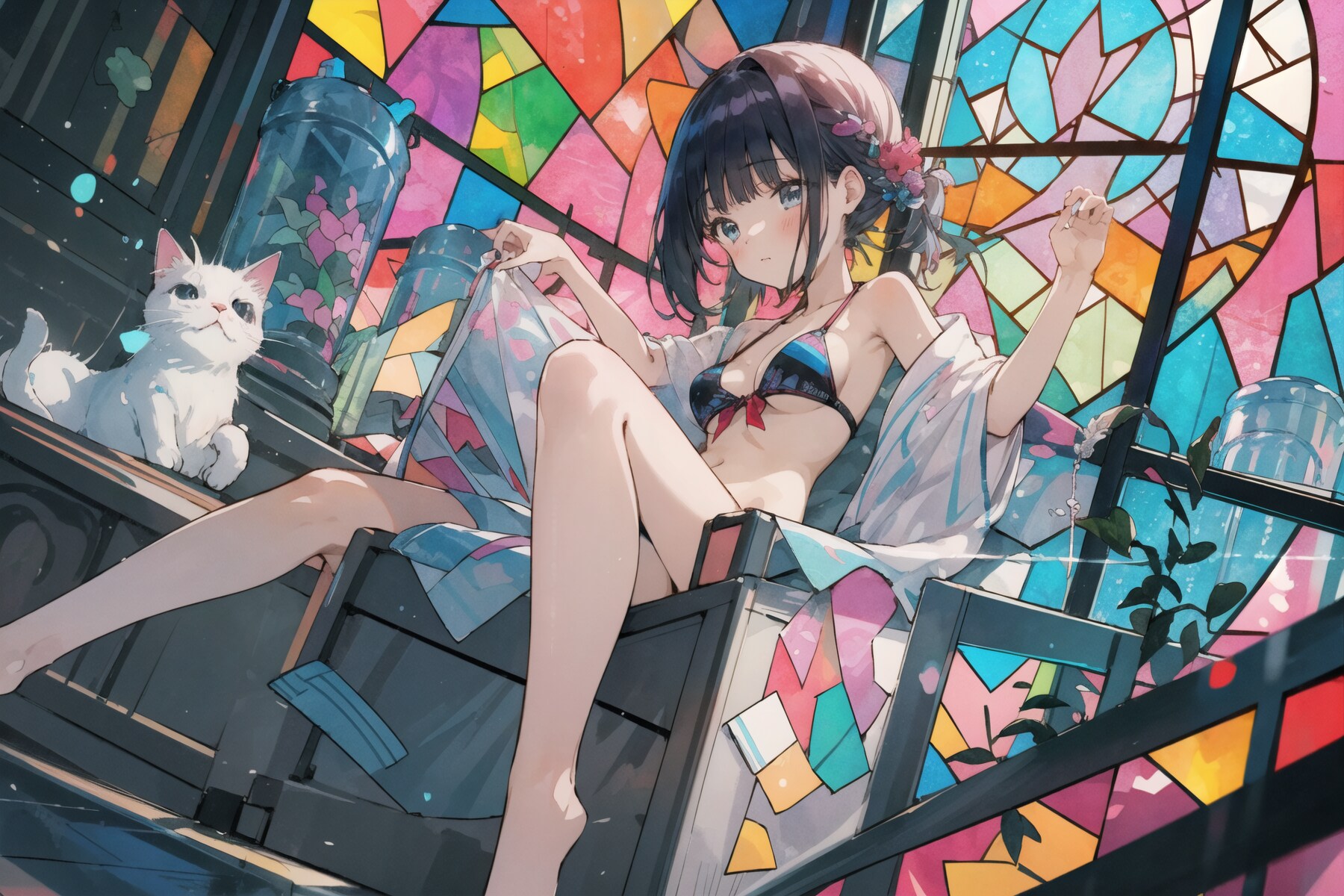 猫とビキニ少女(stained glass):2023.11.26