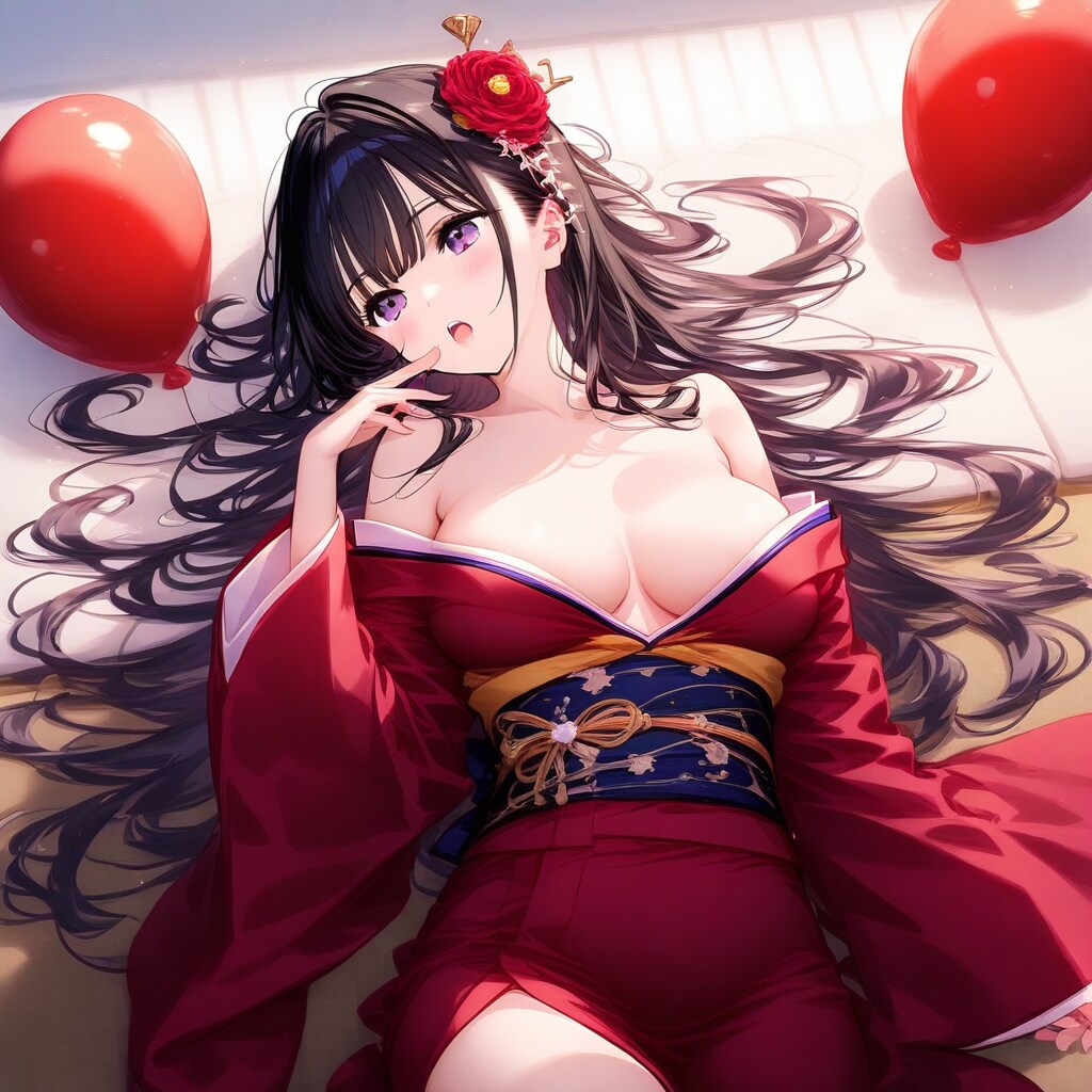 赤い風船を膨らませて遊ぶ黒髪ロングの和服美女
