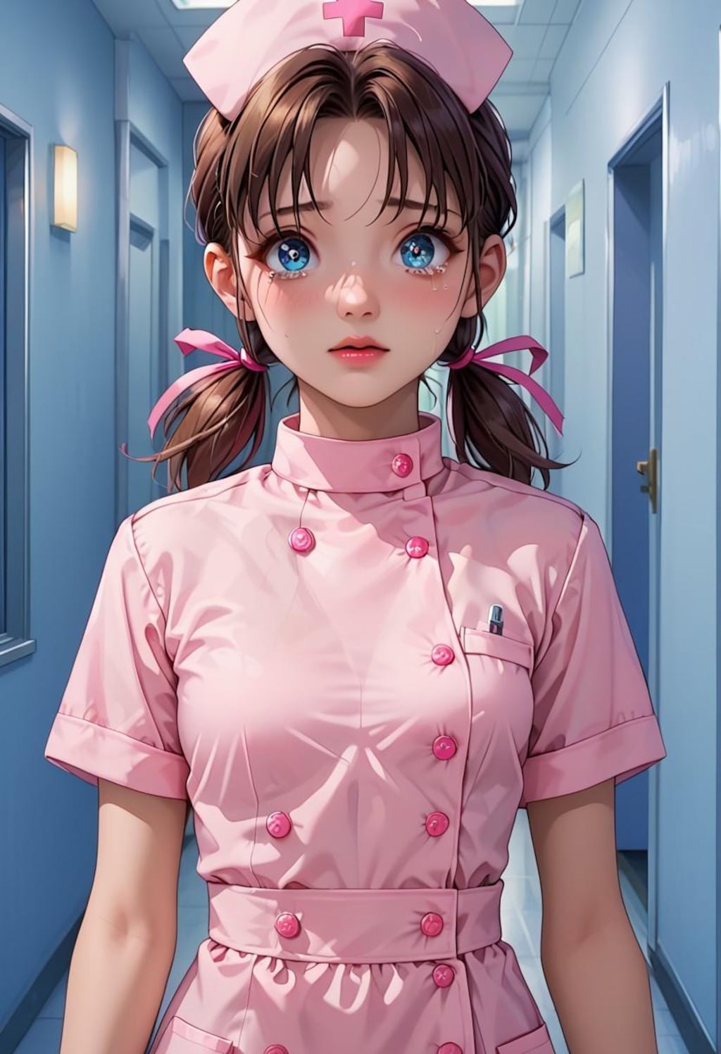 暗い廊下でビクつく夜勤中のナース