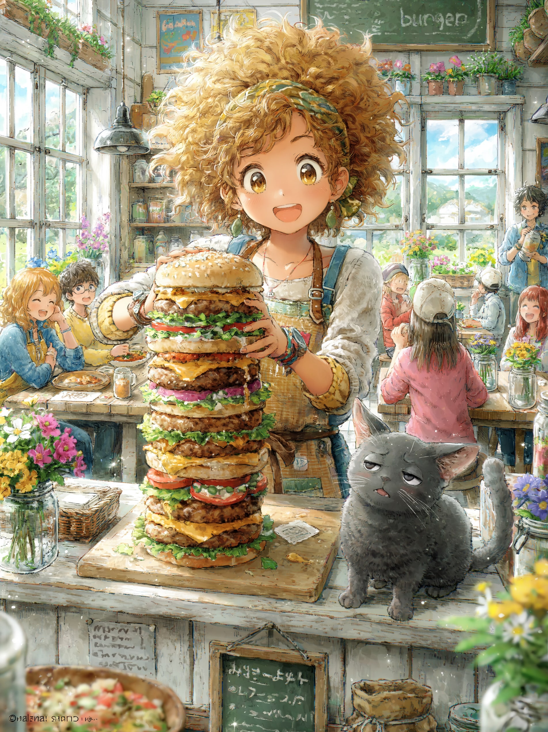 誕生日のサービスのつもりが、どこで歯止めが外れたのか、気づけば膝丈ほどのバーガーを高々と掲げる店長を、灰色猫が半眼で、黙って、ただ黙って見上げている | の人気AIイラスト・グラビア