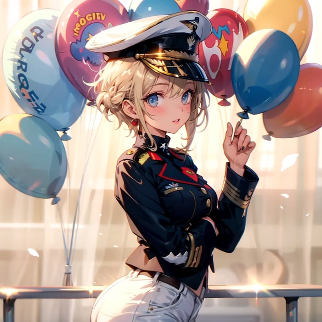 色とりどりの風船を持つブロンドショートカットの海兵服着た美女 | の人気AIイラスト・グラビア
