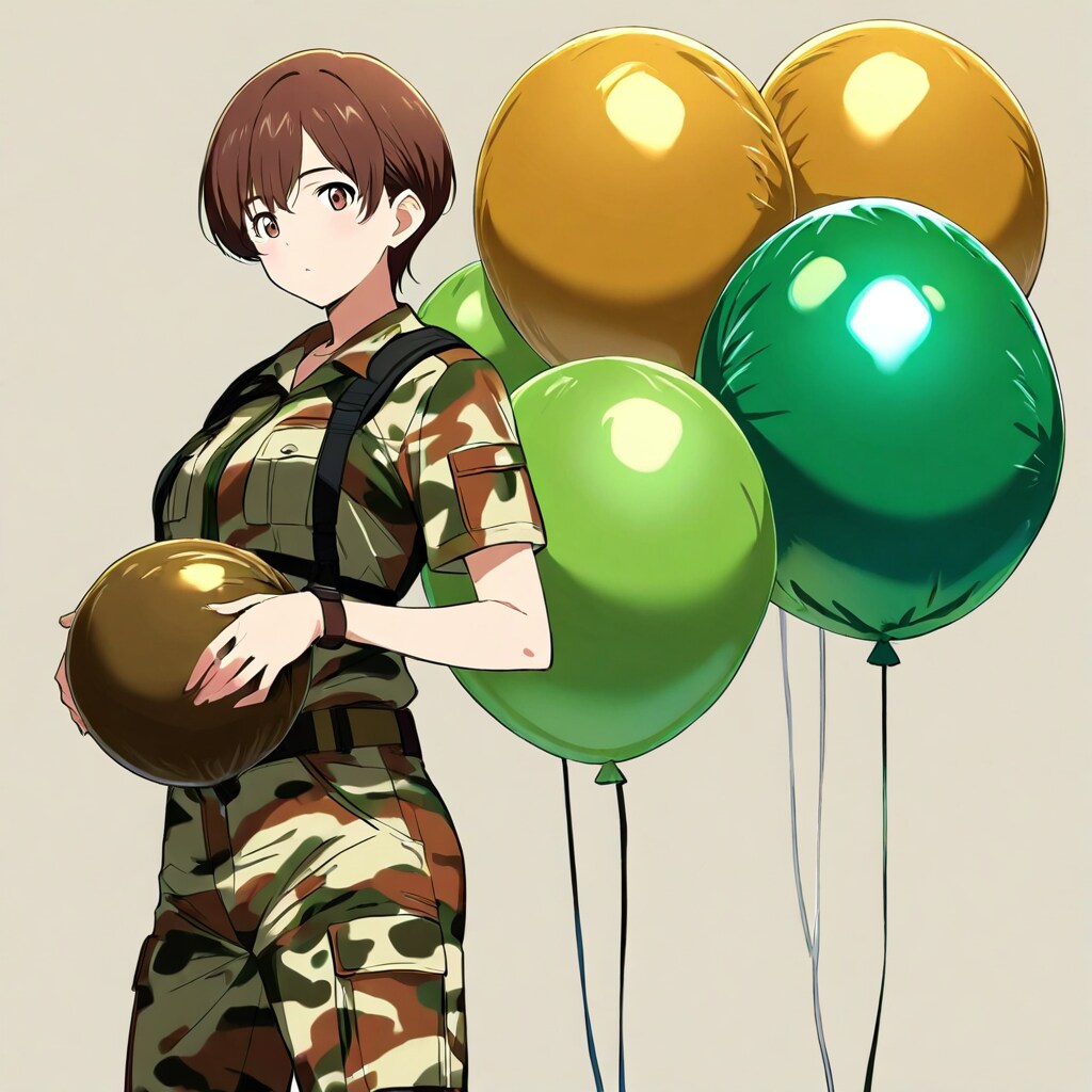 いっぱい風船を持つブラウンショートカットの迷彩服の美女。