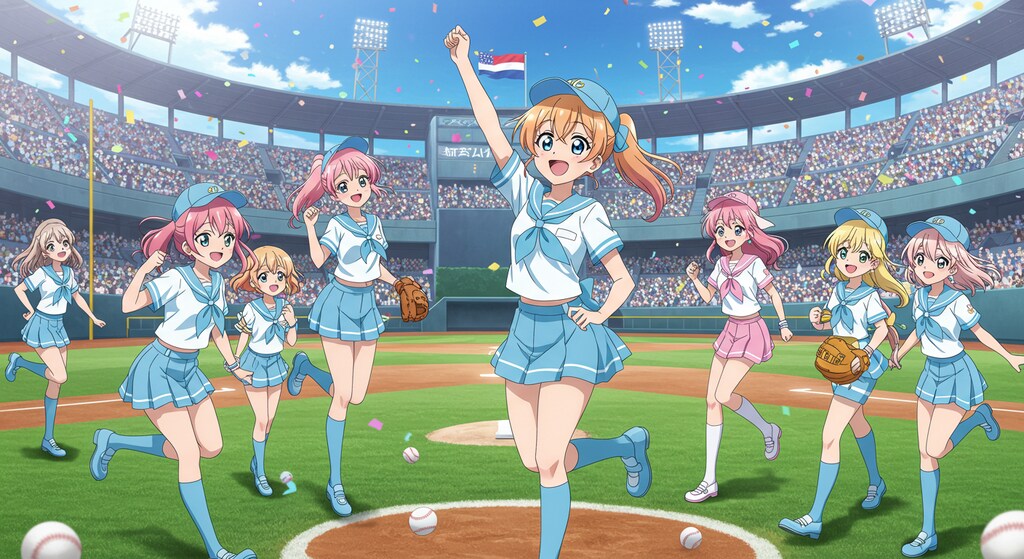 アニメキャラと野球場